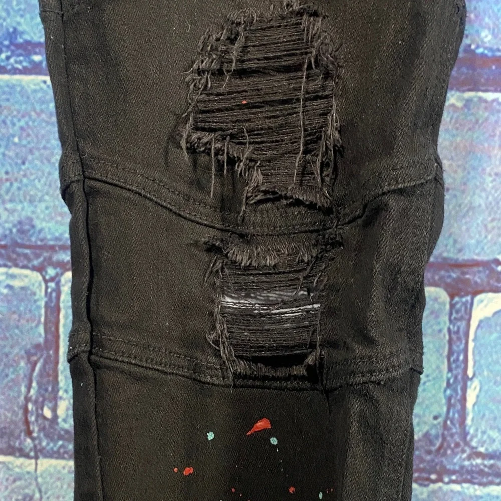 Makobi Distressed Paint Splatter Black Jeans Men’s 40x32 Streetwear Denim - Picture 6 of 13